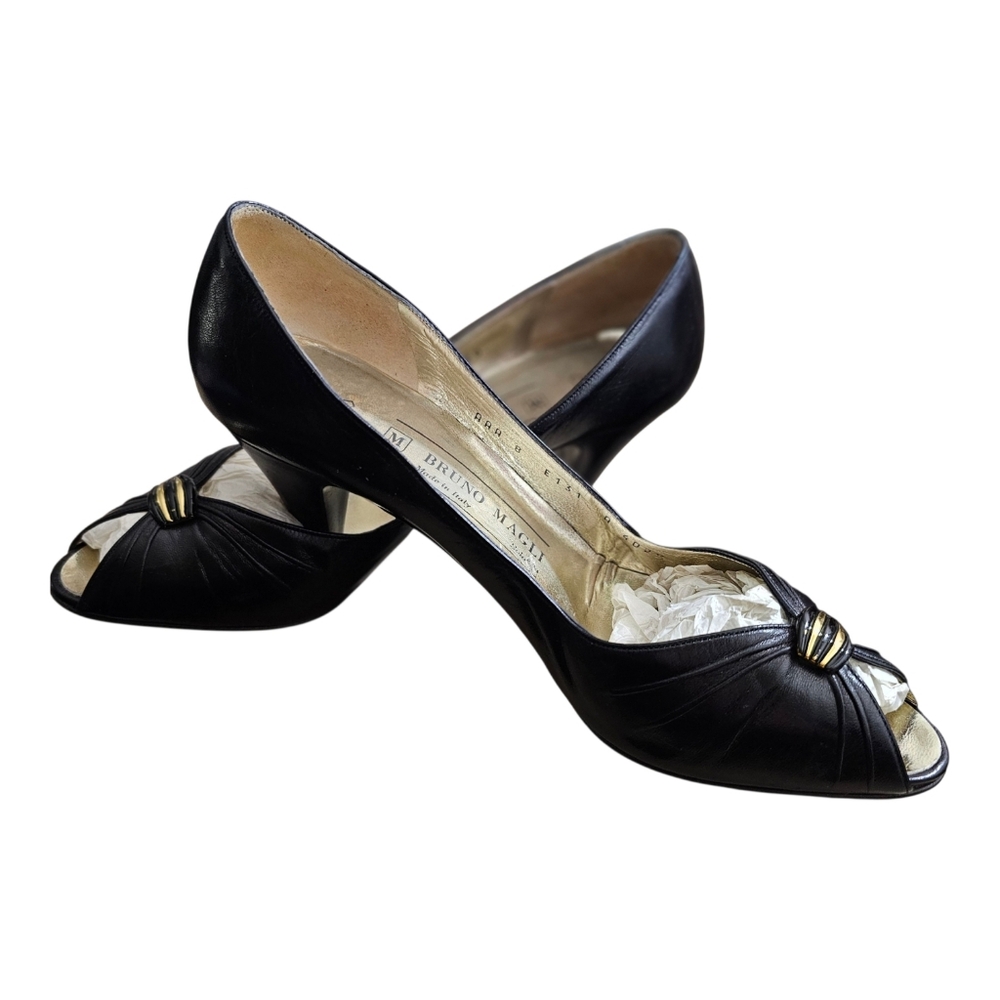 Bruno Magli Black Leather Peep Toe Pumps Gold Accent Size Italy Size 8